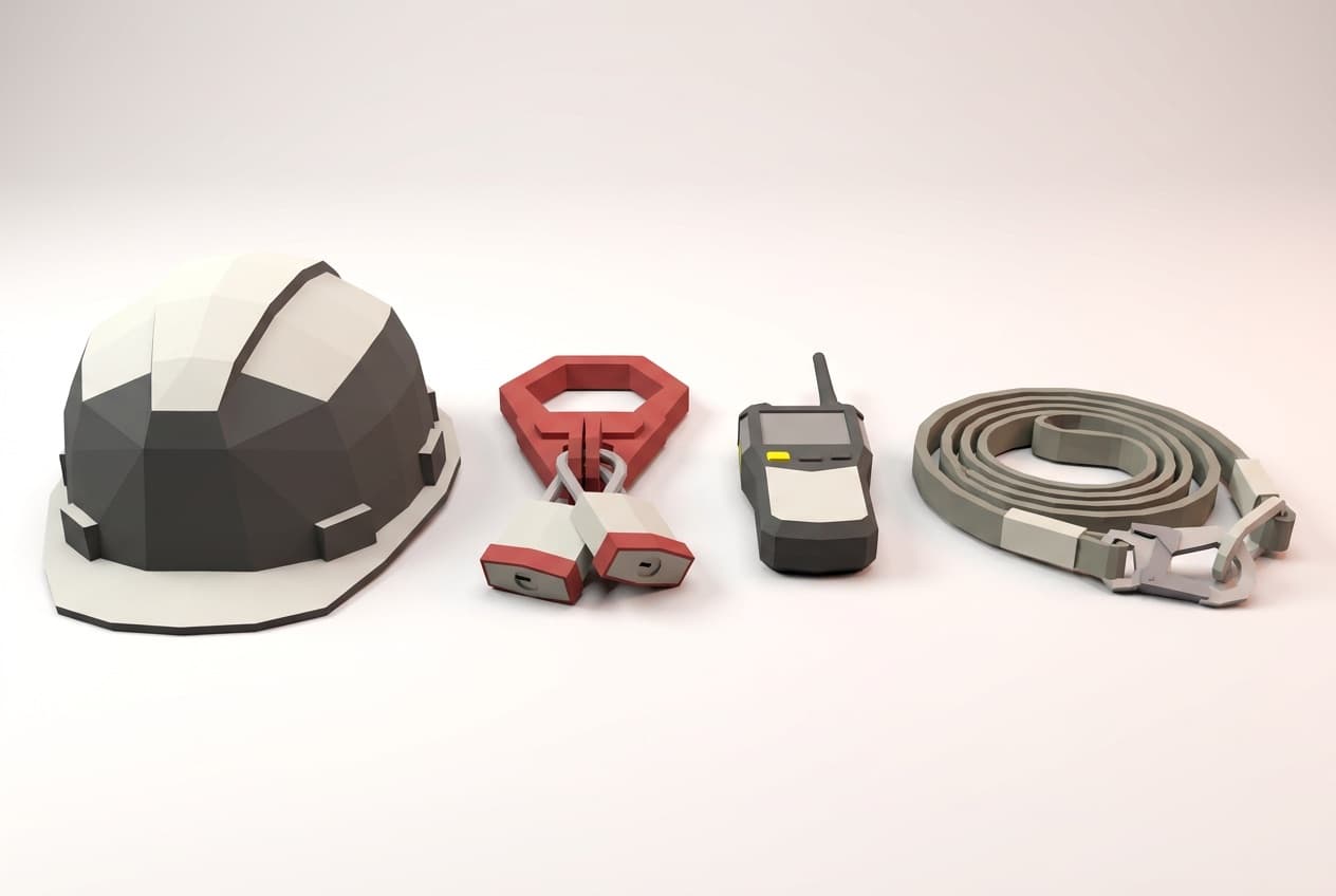 Hard hat, lock-off hasp with padlocks, gas detector and harness lanyard.
