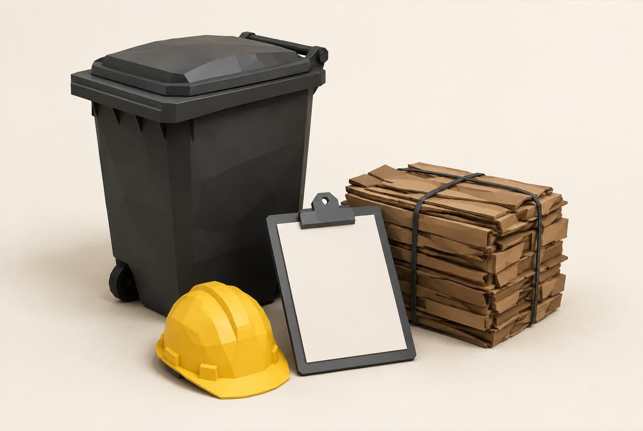 Waste bin, yellow hard hat, clipboard and a bound bale of cardboard, shown as a low-poly illustration.