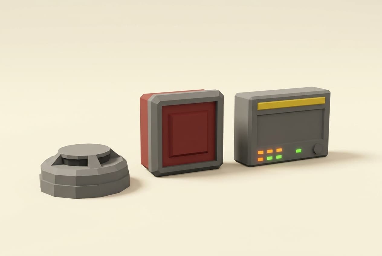 Smoke detector, alarm sounder and fire alarm control panel for the Fire Systems Operative assessment.