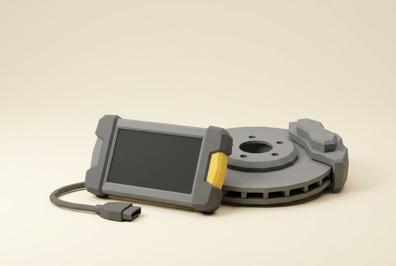 Vehicle diagnostic tablet beside a brake disc and brake calliper.