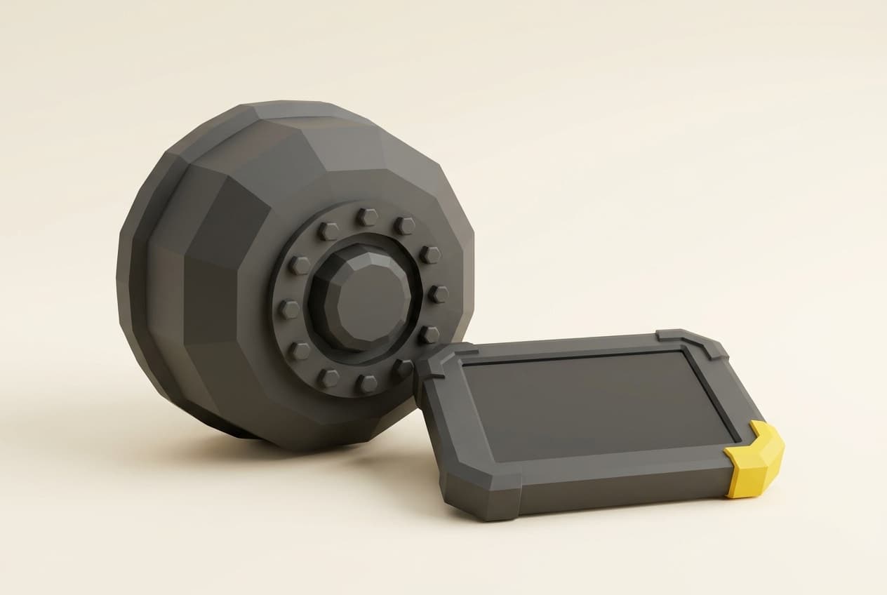 Heavy-vehicle wheel hub beside a diagnostic tablet.