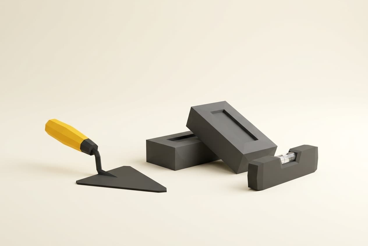 Bricklayer's trowel, bricks and spirit level.