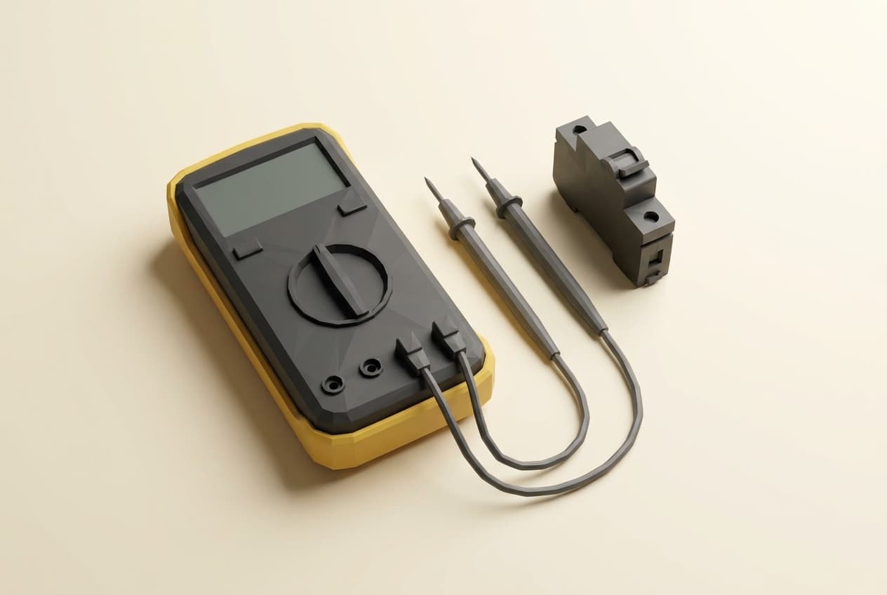 Multimeter with test probes beside a circuit breaker.