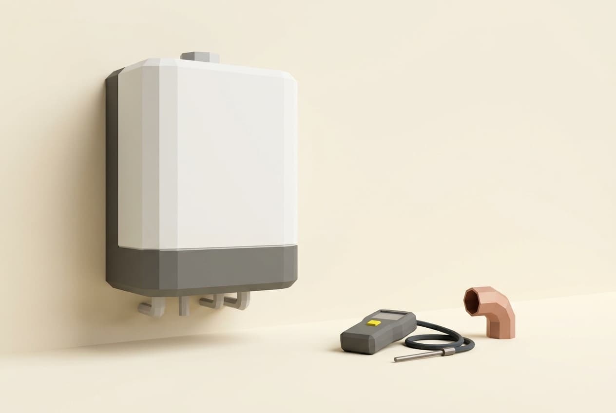 Wall-mounted boiler, gas analyser and copper pipe.
