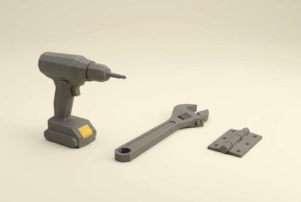 Cordless drill, adjustable spanner and door hinge.