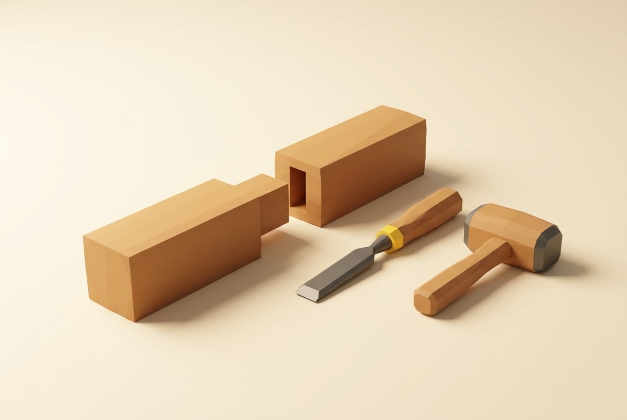 Timber mortise-and-tenon joint with a chisel and mallet.