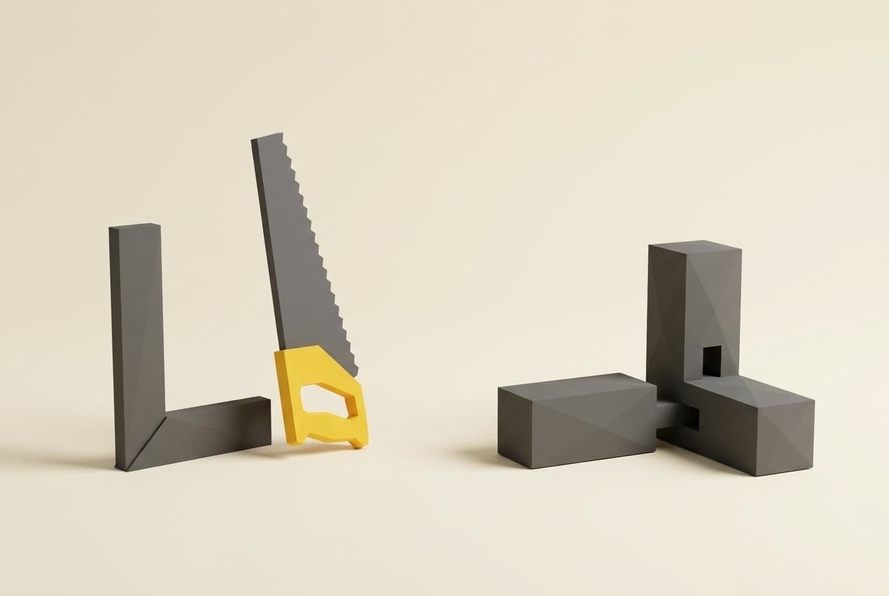 Carpenter's square, hand saw and timber joint.