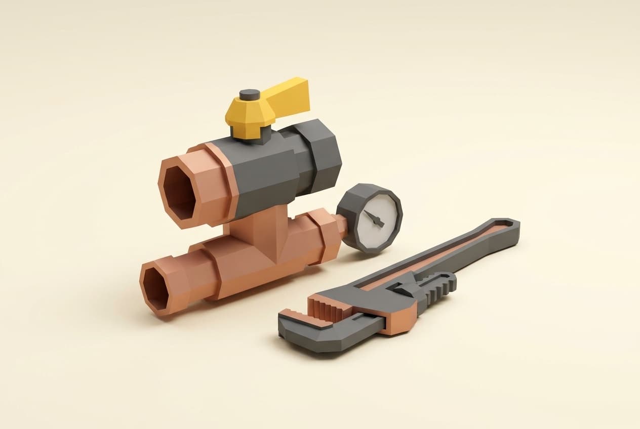 Copper pipework, valve, pressure gauge and pipe wrench.