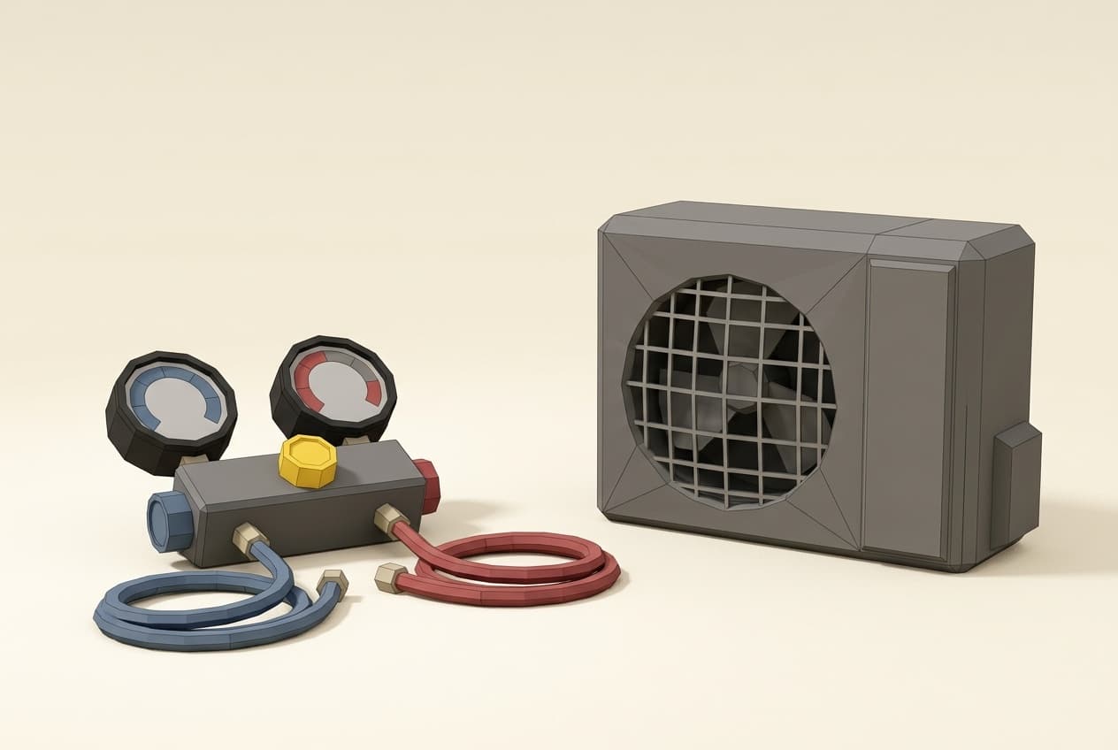 Outdoor heat-pump unit with refrigeration manifold gauges.