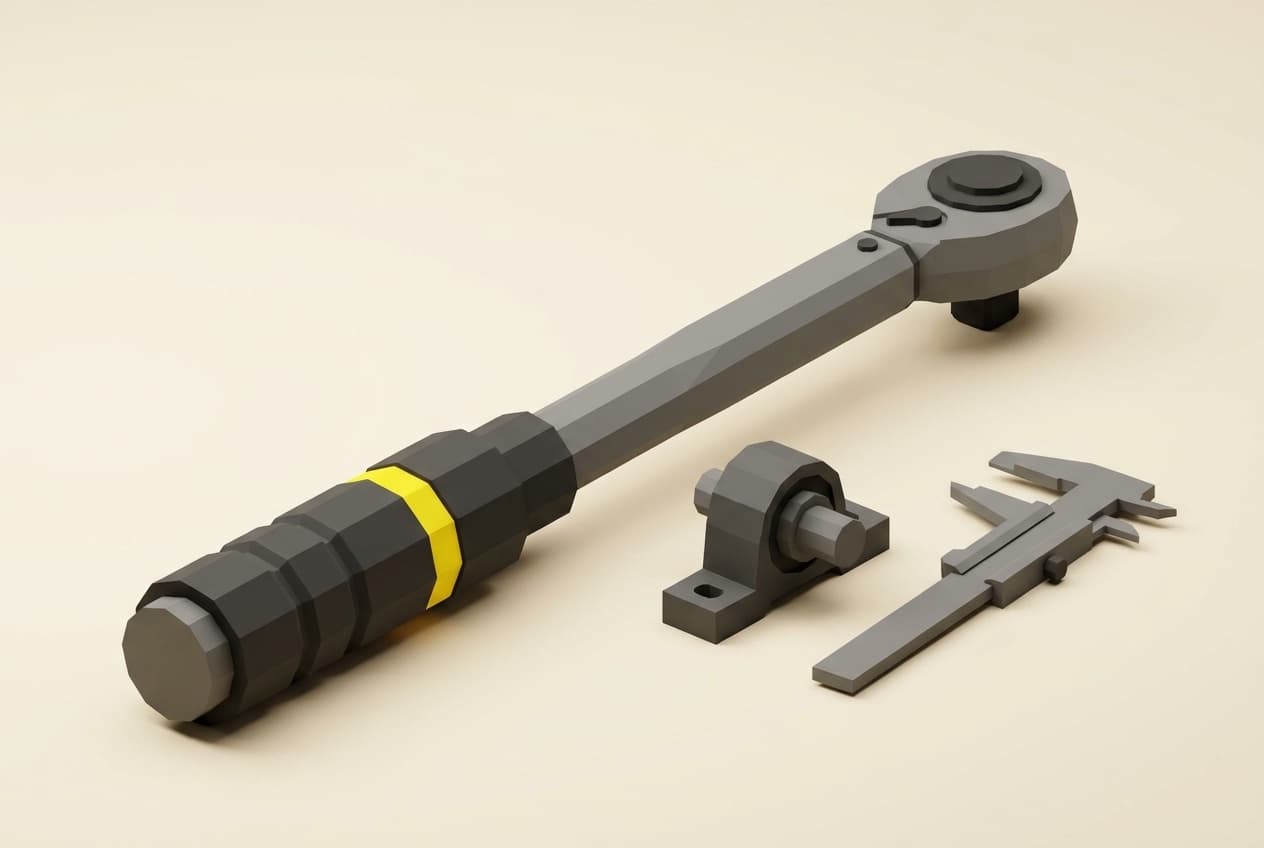 Torque wrench, bearing and vernier calliper.