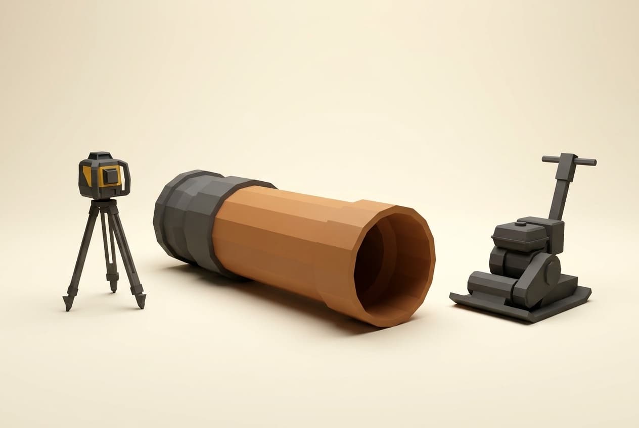 Drainage pipe, laser level and plate compactor.