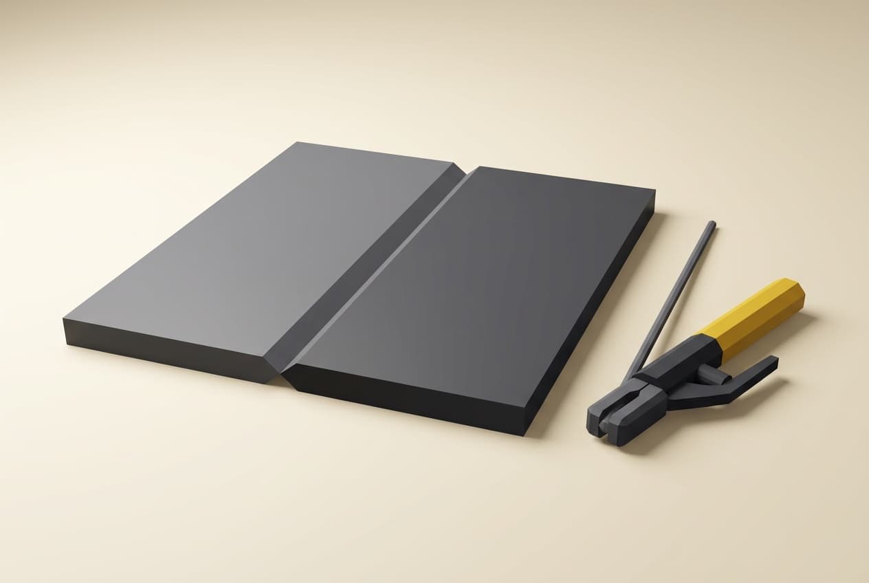 Steel plates with a V-groove joint beside an electrode holder and welding rod.