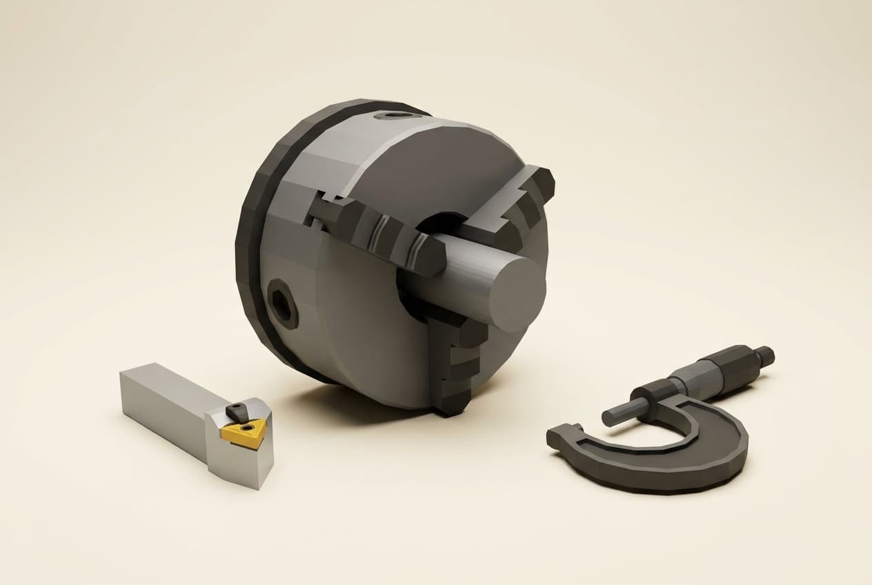 Lathe chuck, cutting tool and micrometer.